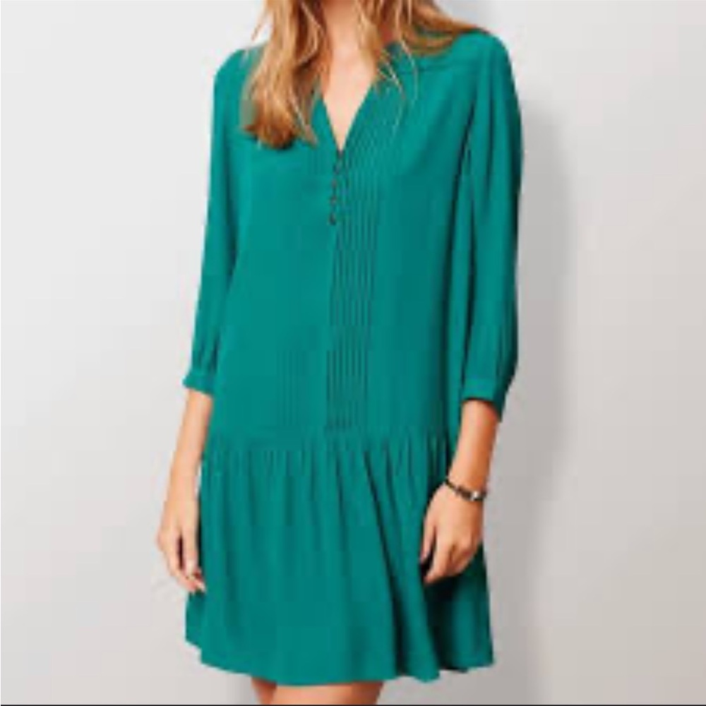 Maeve Anthropologie Small Petite Green Drop Waist Dress Ruffles‎ Quilted Pleated